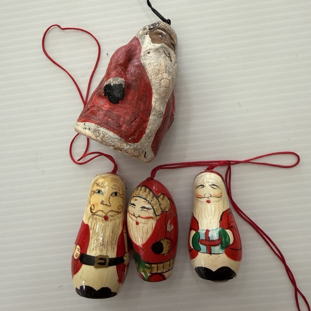 Vintage Hand Carved Santa Ornaments Wooden Lot Of 4 Folk Art